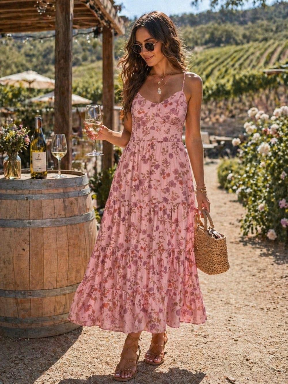 Blush Pink Floral Tiered Maxi Dress with Spaghetti Straps small cottage